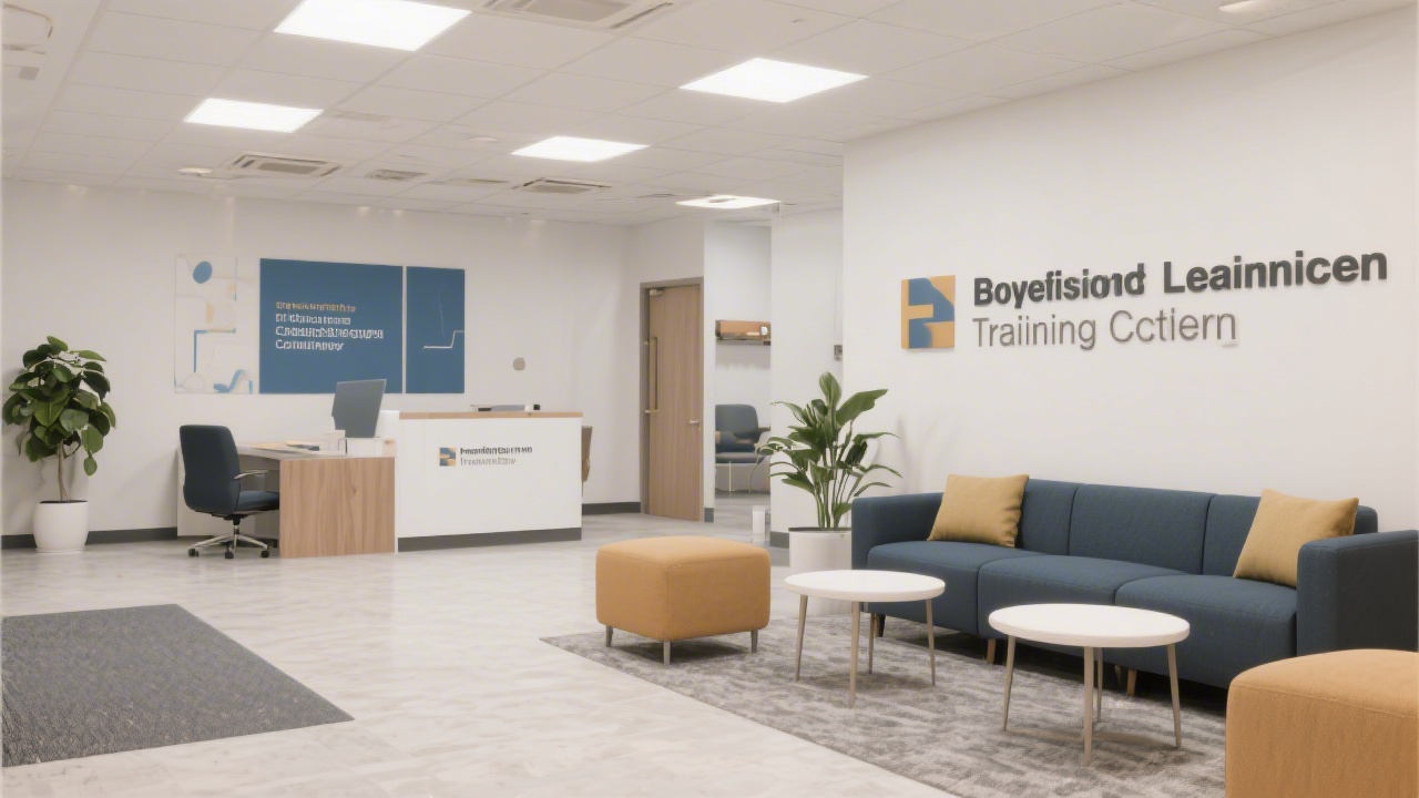 Professional training facility lobby with modern seating and clean design, reflecting a welcoming environment for business learning and consultations.